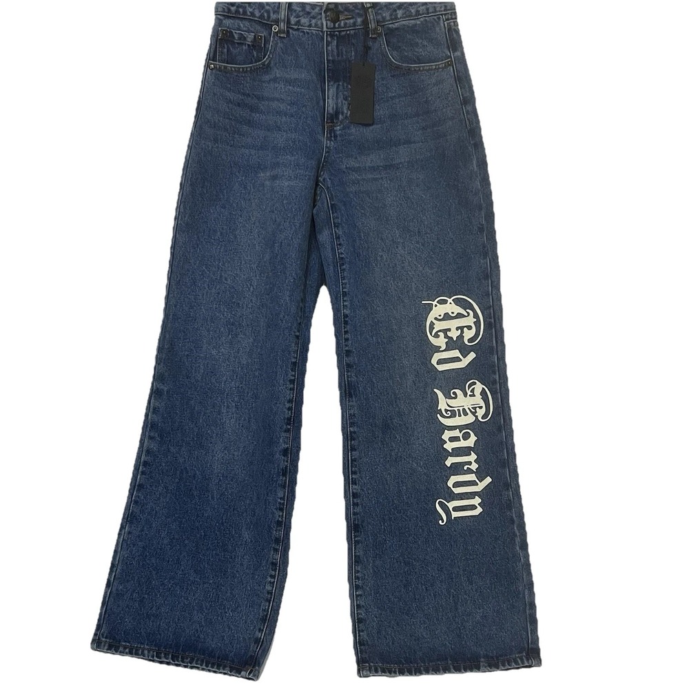 Ed Hardy Buckle Back‎ Denim Jeans Loose Baggy Wide Leg Born Free Painted 28x32